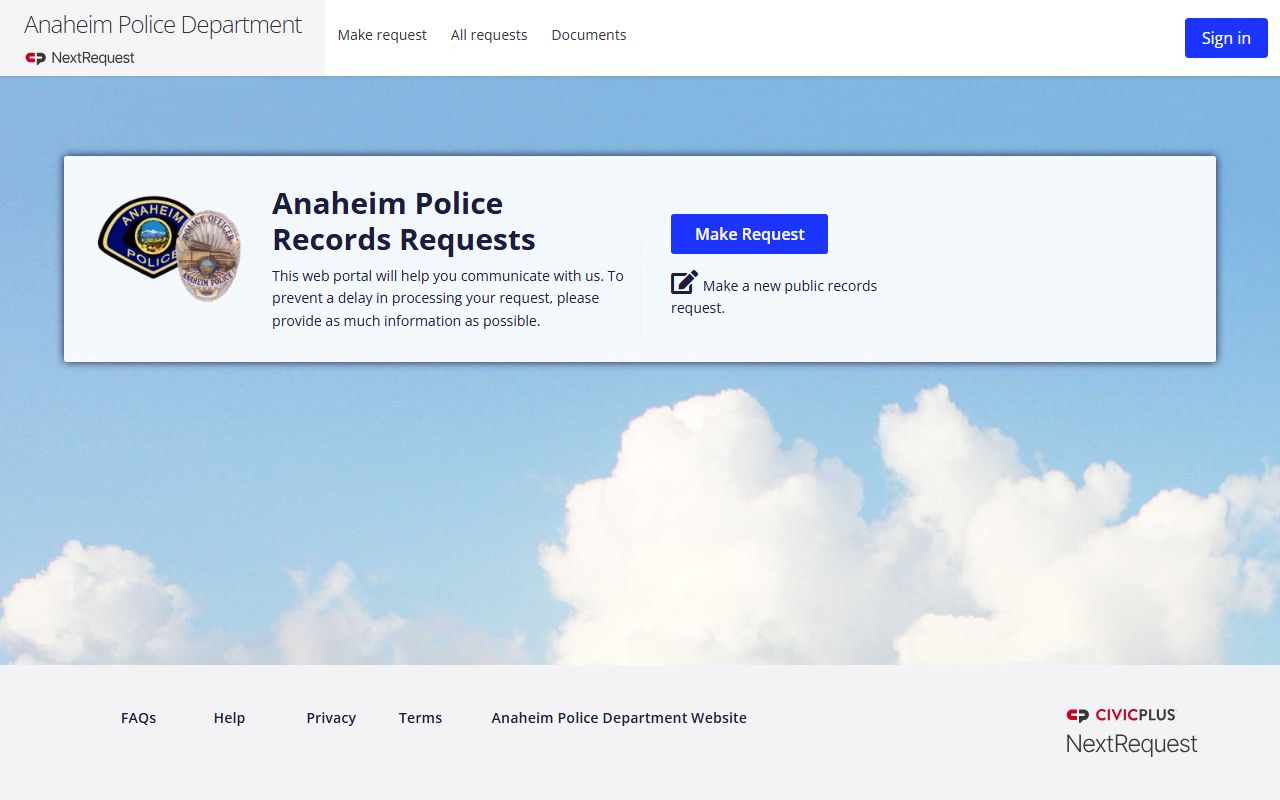 Anaheim Police NextRequest portal for public records and booking requests