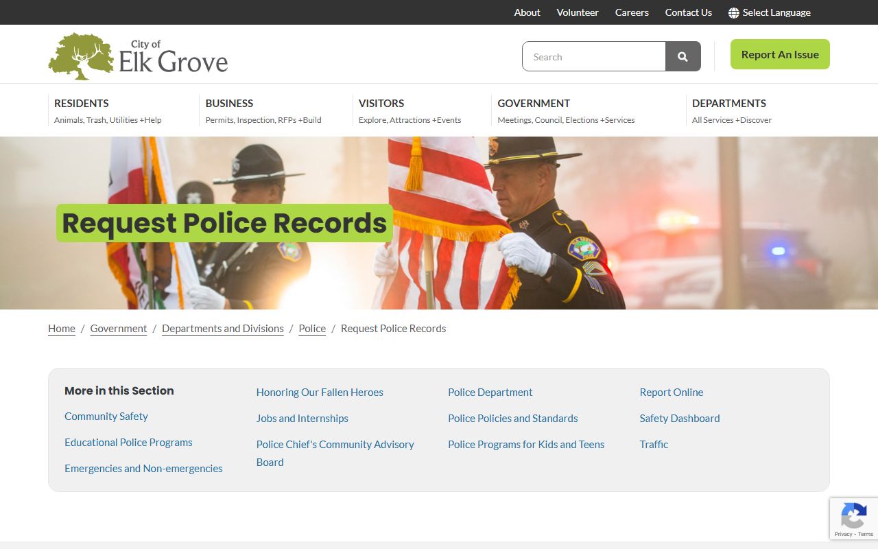 Elk Grove Police Department records request page for booking and arrest data