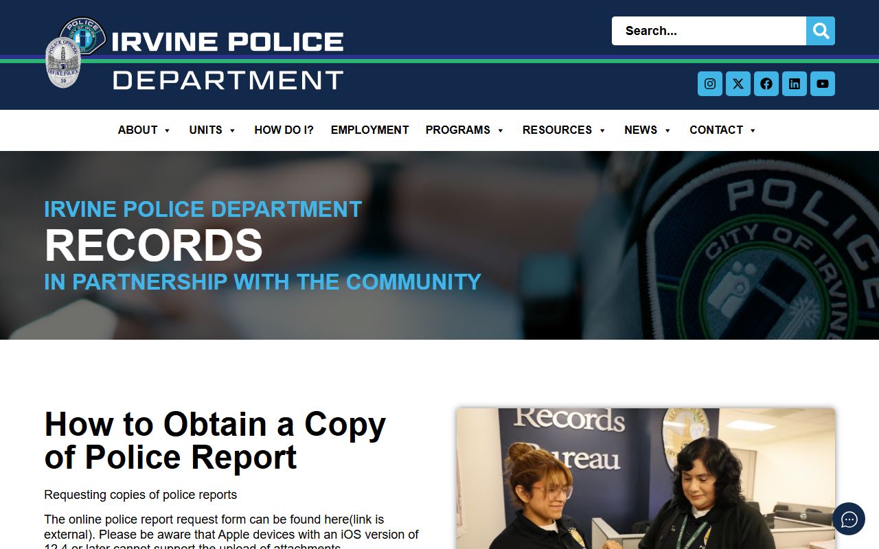 Irvine Police Department records page for 24 hour booking inquiries
