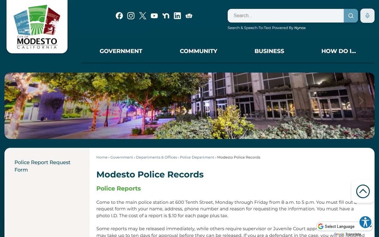 Modesto Police Department records page for 24 hour booking lookups