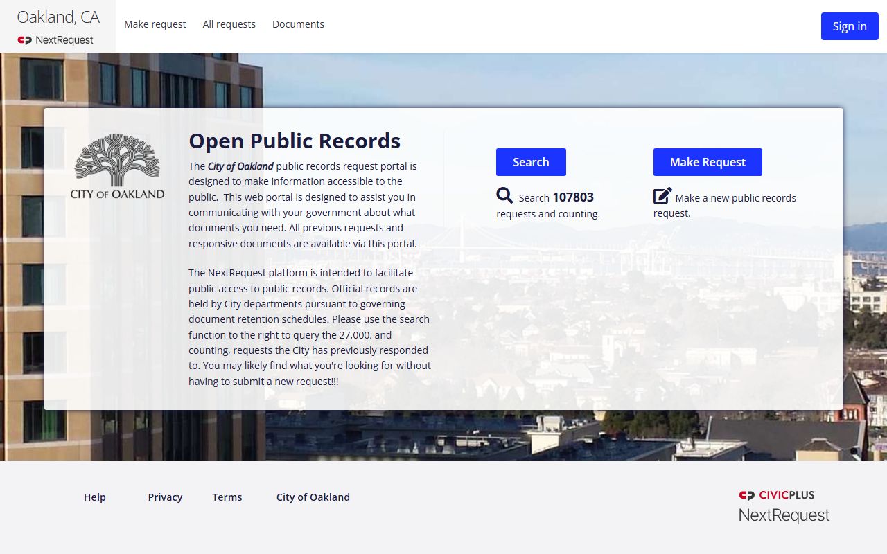 Oakland Police NextRequest portal for public records and booking information