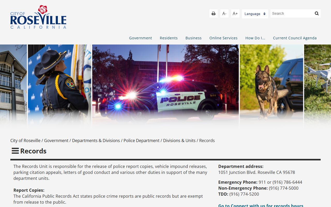 Roseville Police Department records division page for 24 hour booking and arrest records