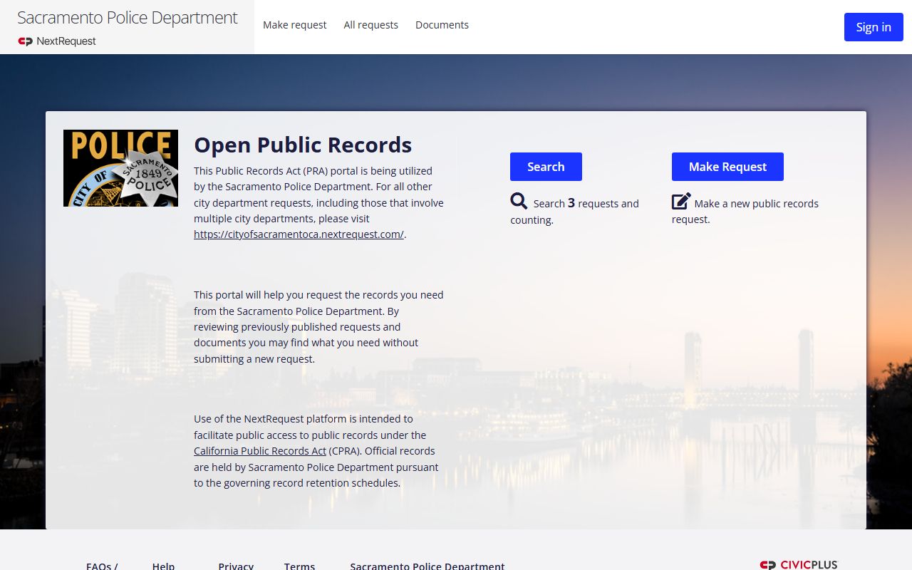 Sacramento Police Department NextRequest portal for public records requests