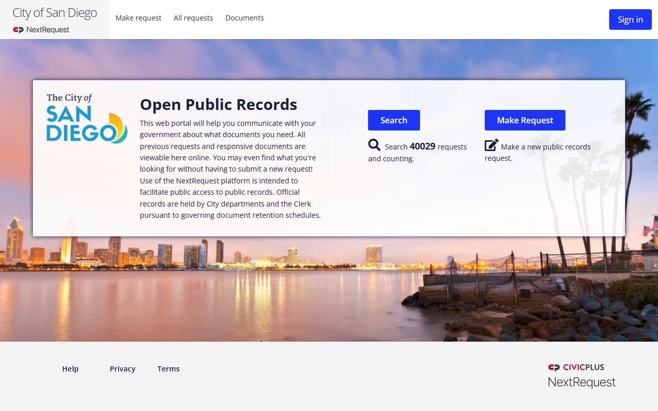 San Diego NextRequest public records portal for booking and arrest data