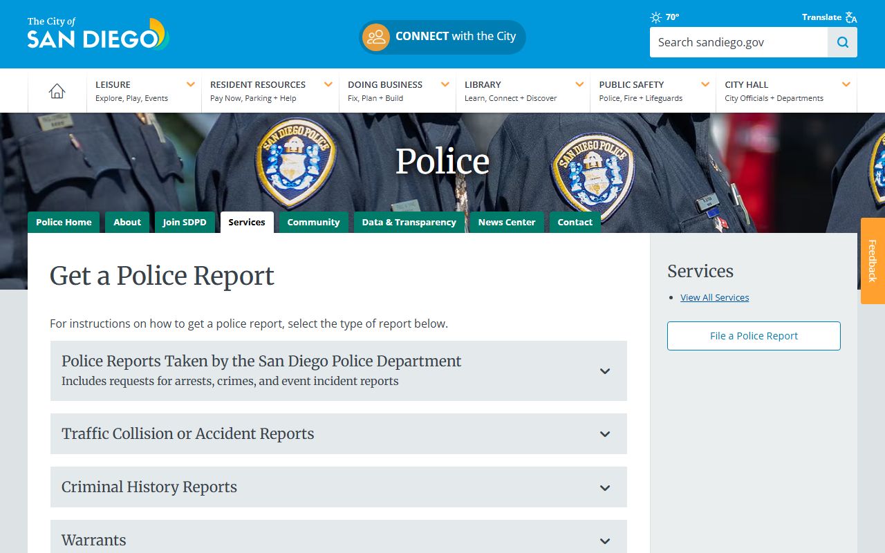 San Diego police report request page for booking and arrest records
