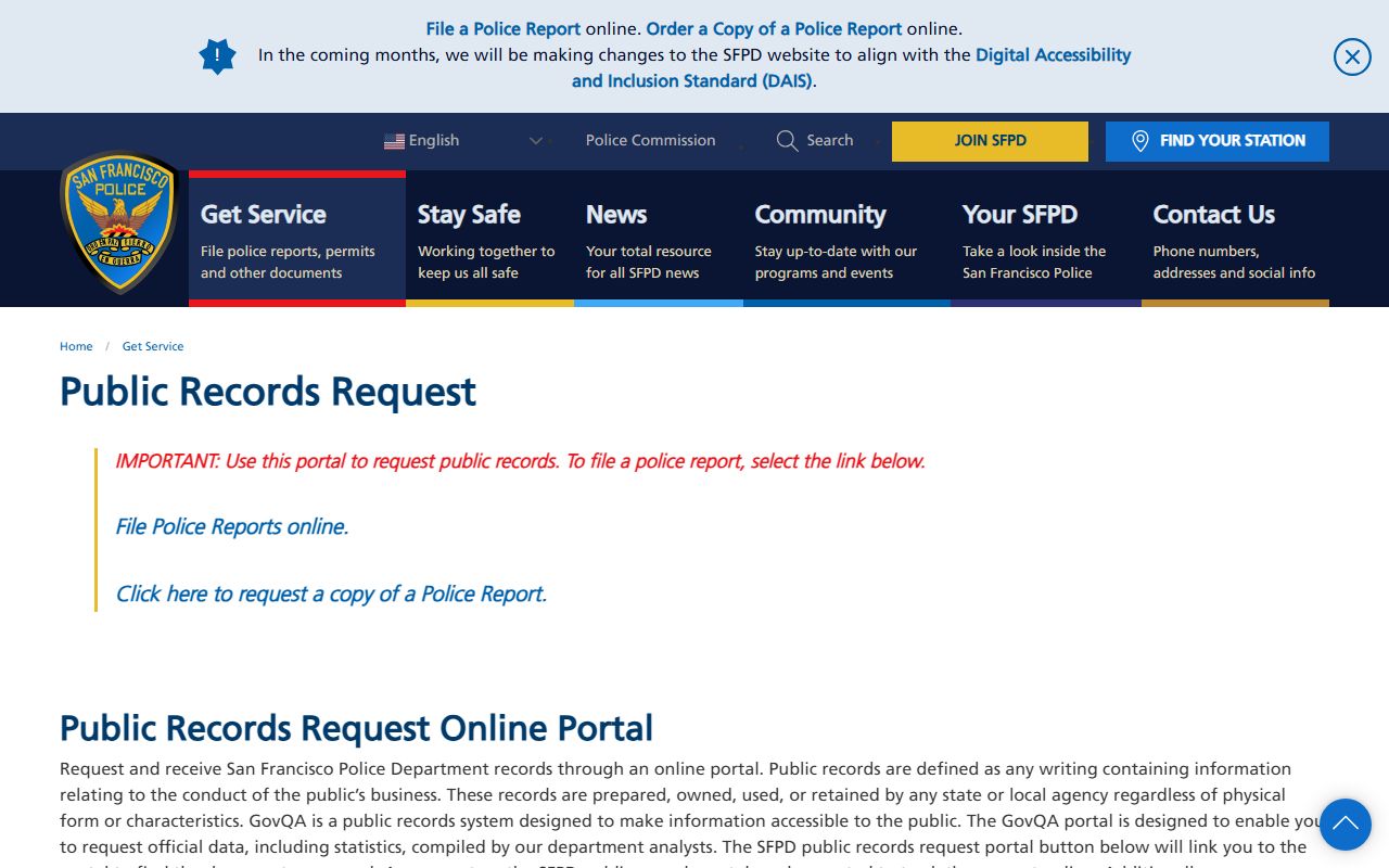 San Francisco Police Department public records request portal for booking and arrest records