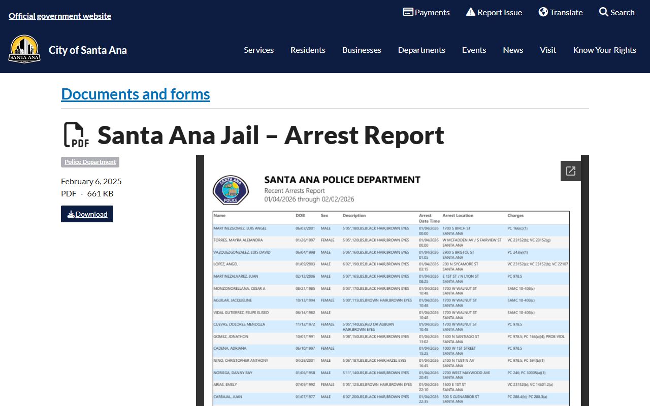 Santa Ana Police Department daily arrest report page showing recent booking data
