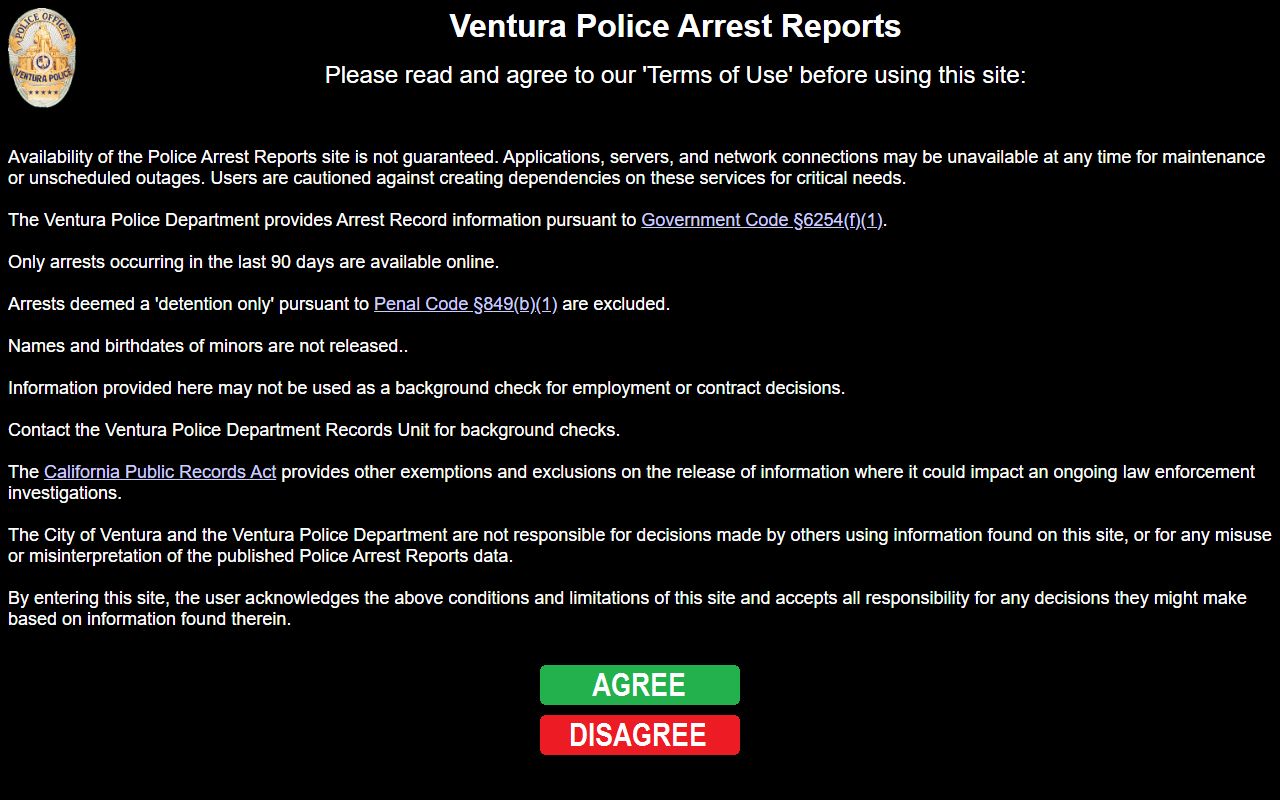 Ventura Police 90-day arrest log database for 24 hour booking records