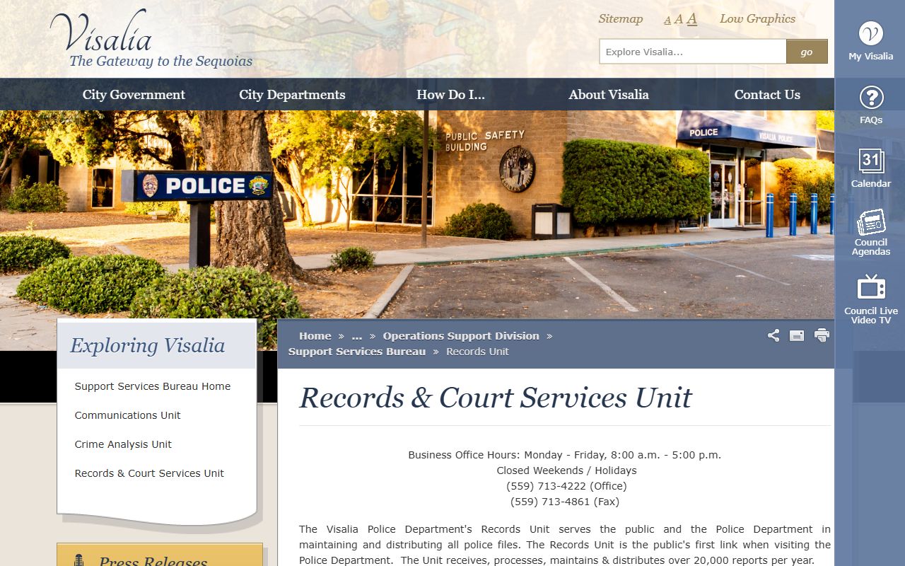 Visalia Police records unit page for daily arrest log and 24 hour booking data