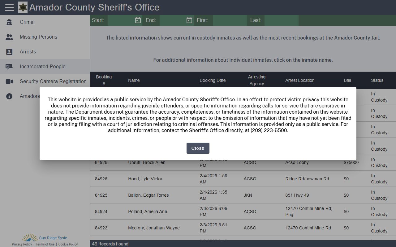 Amador County Sheriff Citizen RIMS inmate portal for 24 hour booking searches