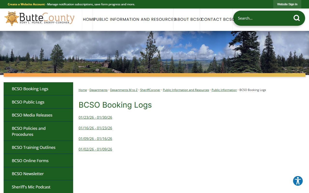 Butte County Sheriff weekly booking logs page for 24 hour booking records