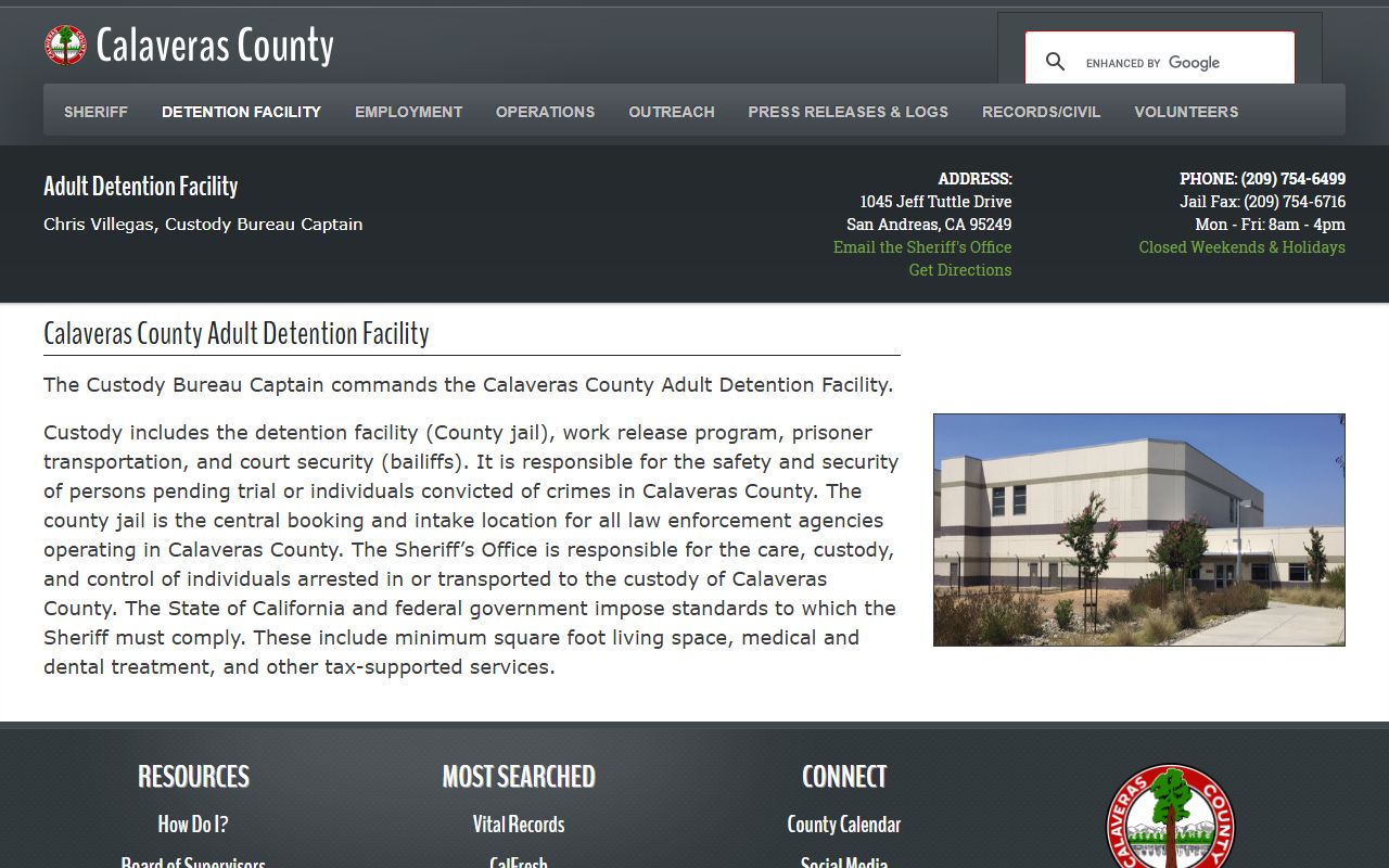 Calaveras County Sheriff detention facility page for 24 hour booking information