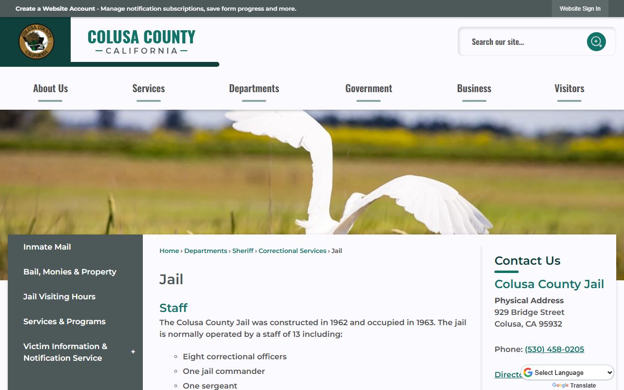 Colusa County Sheriff jail information page for 24 hour booking records