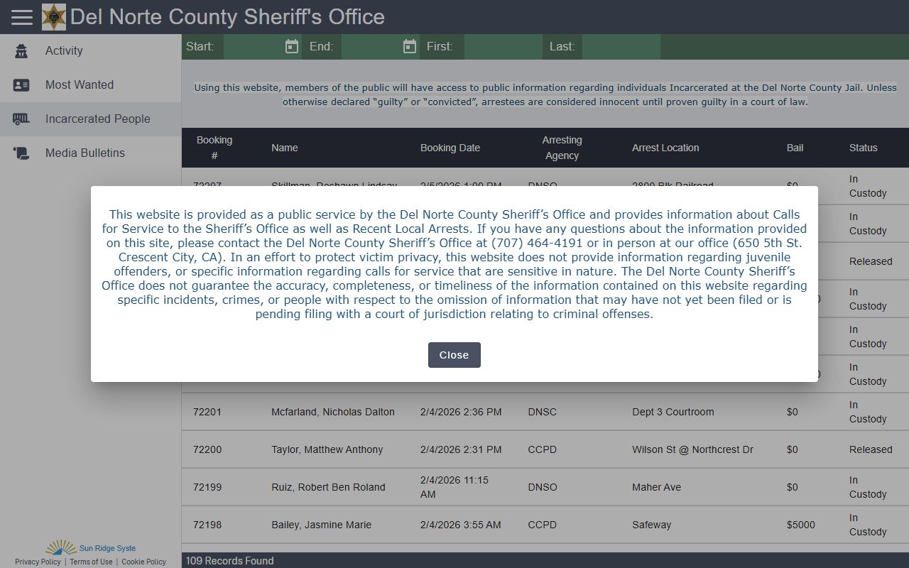 Del Norte County 24 hour booking CitizenRIMS inmate database