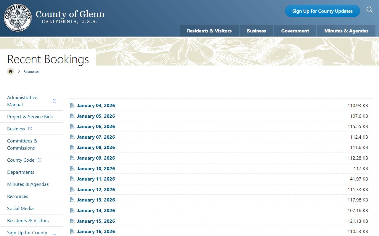 Glenn County 24 hour booking daily PDF logs page