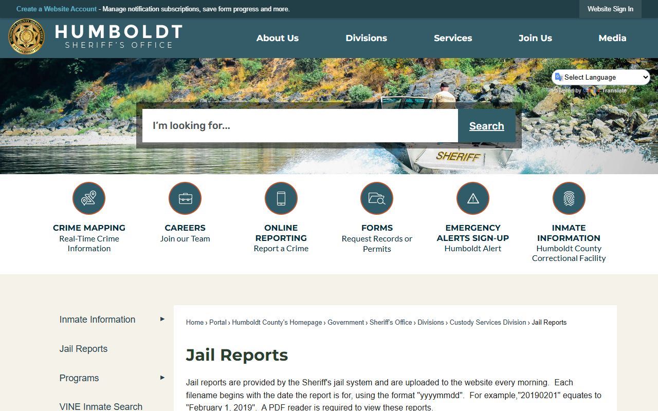 Humboldt County 24 hour booking daily jail reports page