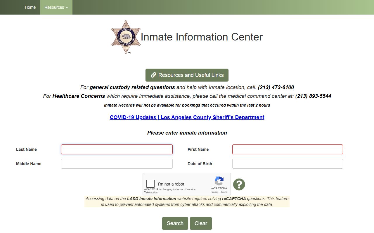 Los Angeles County Sheriff Inmate Information Center search tool