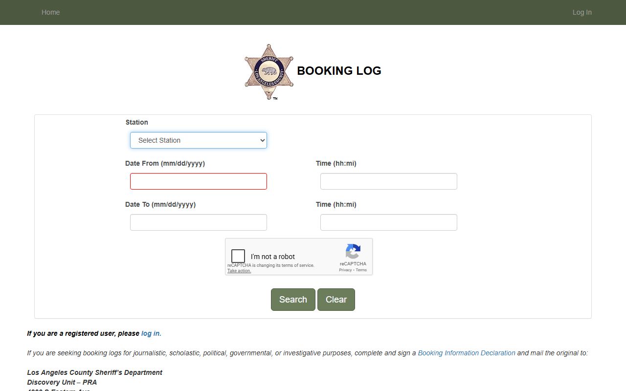 Los Angeles County Sheriff LASD booking log portal for 24 hour booking records