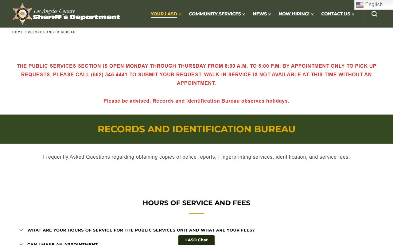 Los Angeles County Sheriff records FAQ page for booking information requests