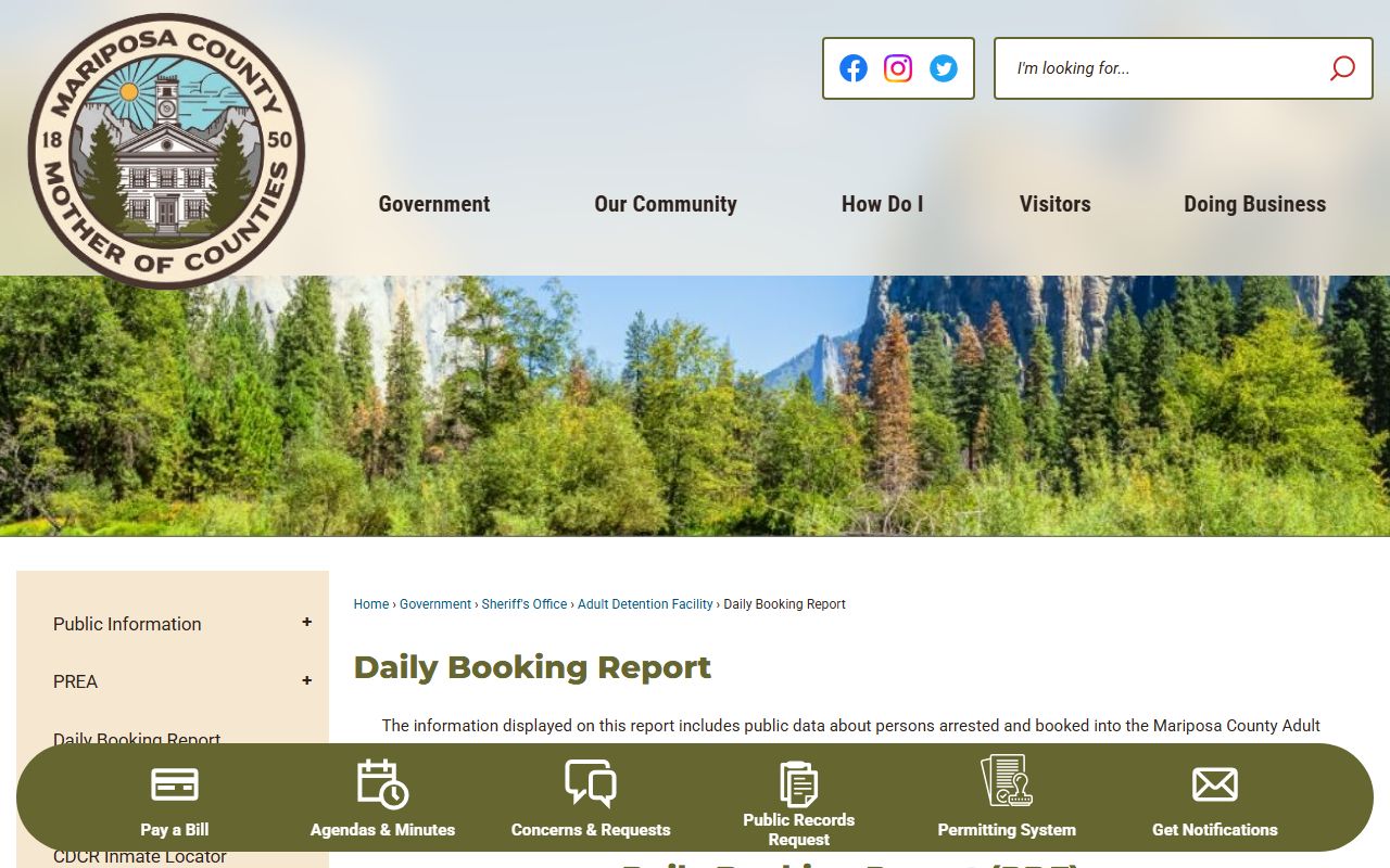 Mariposa County Sheriff 24 hour daily booking report page