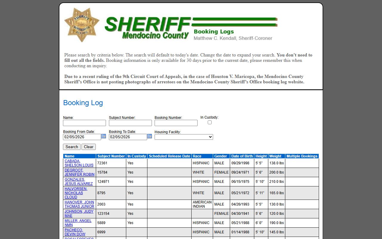 Mendocino County Sheriff booking log search database portal