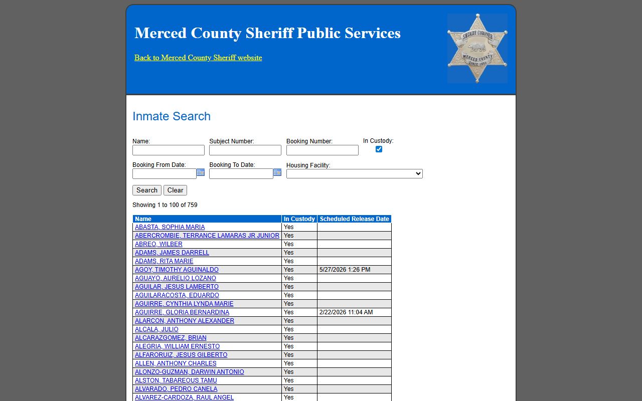 Merced County Sheriff inmate inquiry booking search database