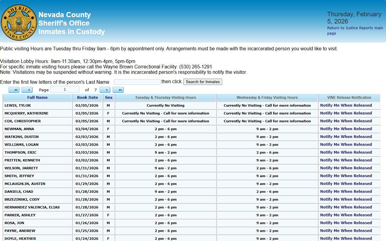Nevada County Sheriff in-custody inmate report showing booking records