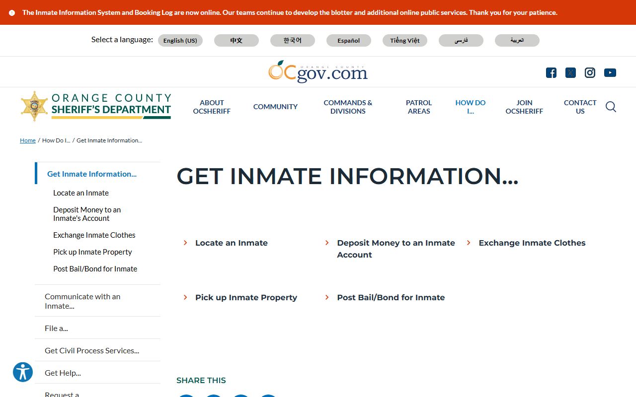 Orange County Sheriff inmate information page for booking searches