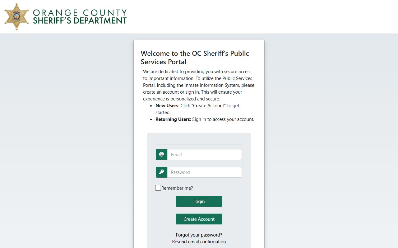 Orange County Sheriff public services portal with booking log access