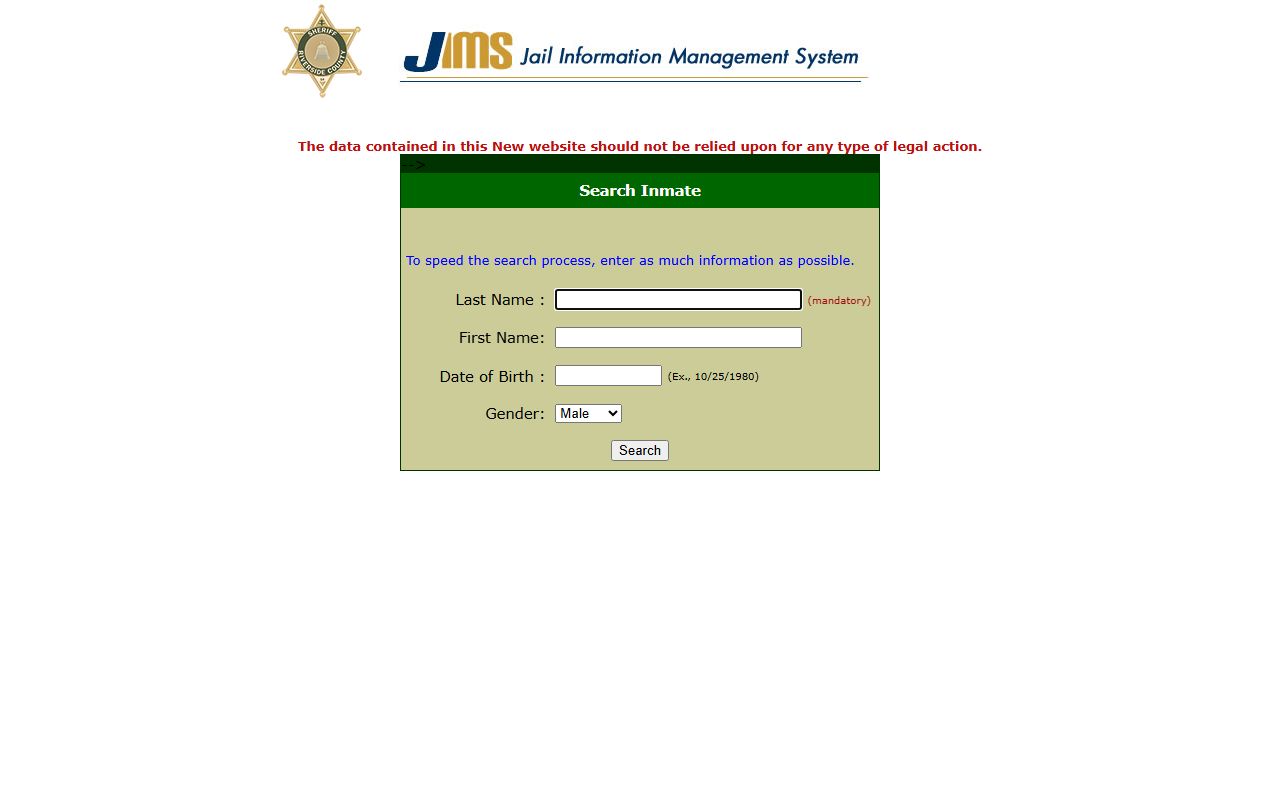 Riverside County Sheriff inmate information system showing 24 hour booking search