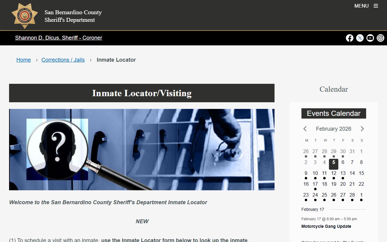 San Bernardino County Sheriff inmate locator for 24 hour booking search