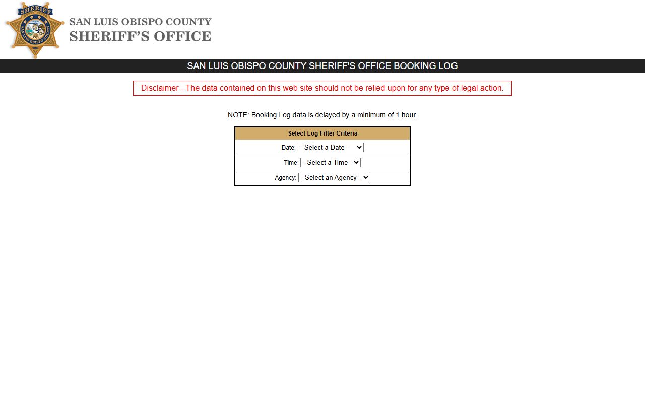 San Luis Obispo County Sheriff booking log showing 24 hour booking records