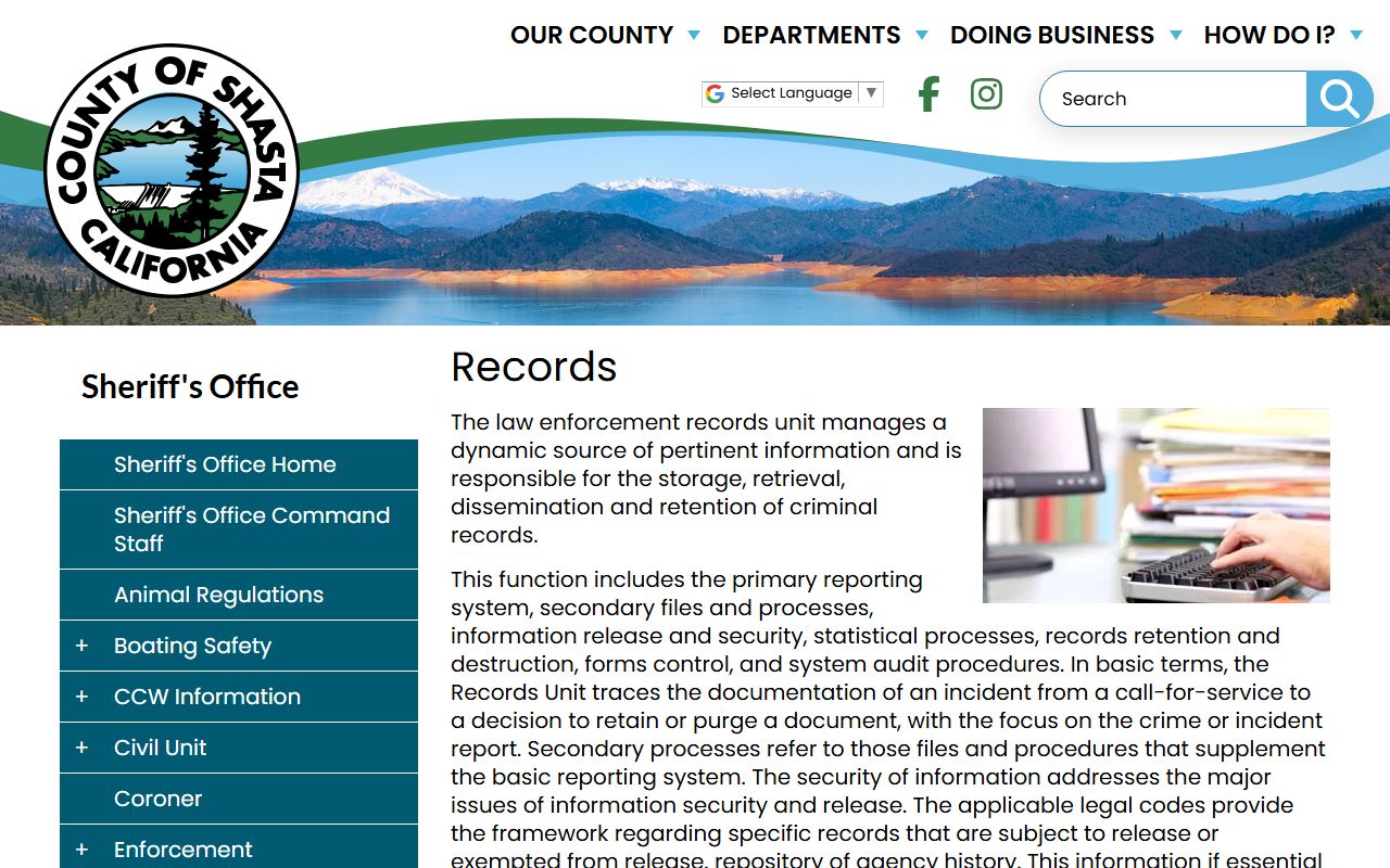 Shasta County Sheriff Records Division page for 24 hour booking and arrest records