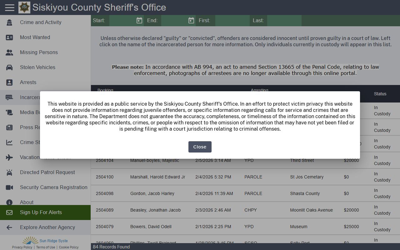 Siskiyou County Sheriff CitizenRIMS booking search portal showing incarcerated persons database