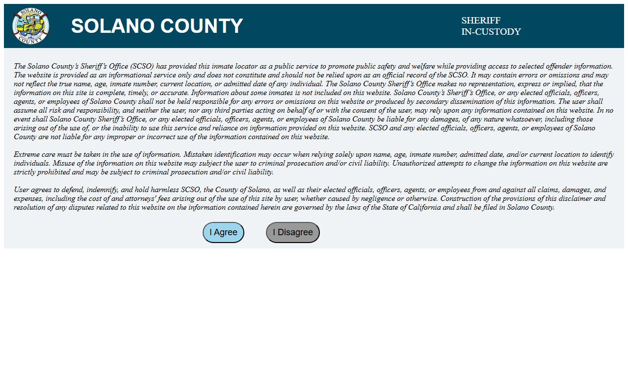Solano County Sheriff inmate search portal showing 24 hour booking data for recent arrests