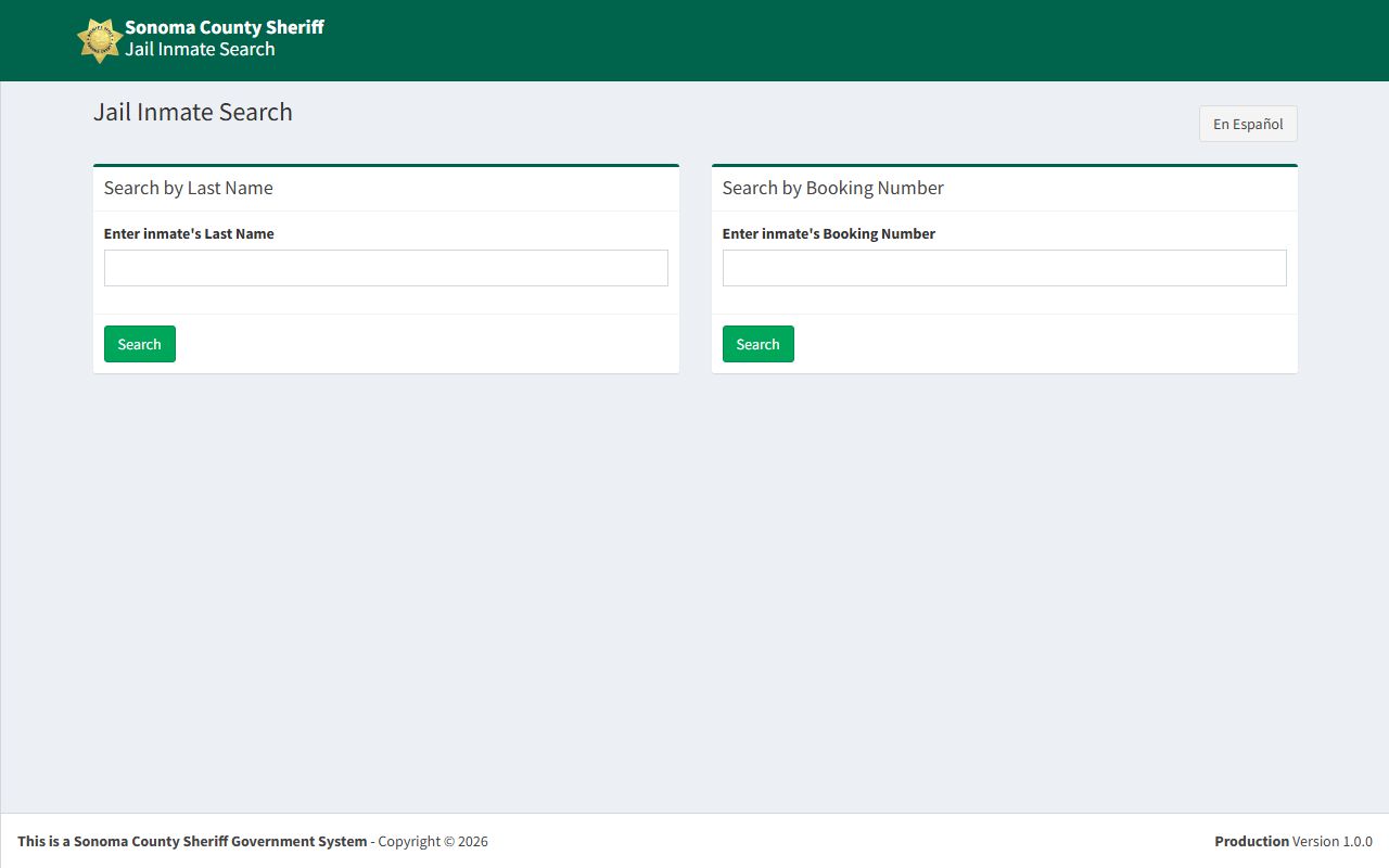Sonoma County Sheriff incarcerated person search portal for 24 hour booking records