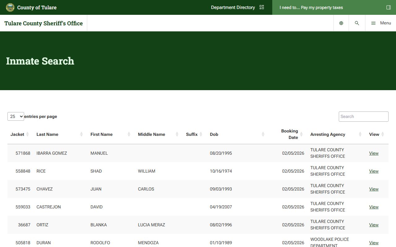Tulare County Sheriff inmate search database for 24 hour booking records