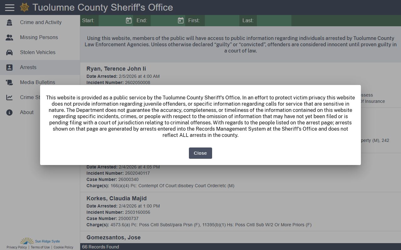 Tuolumne County Sheriff arrests portal showing 24 hour booking records on Citizen RIMS