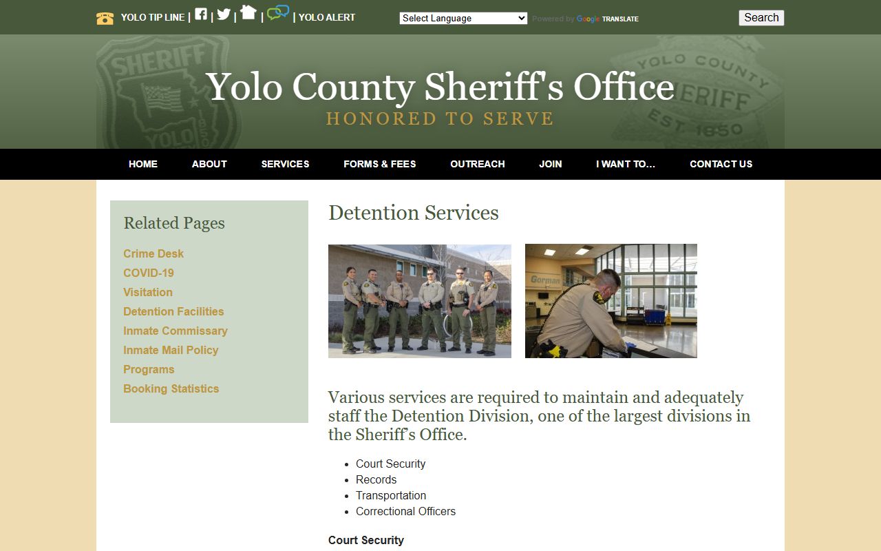 Yolo County Sheriff detention services page with jail and 24 hour booking information