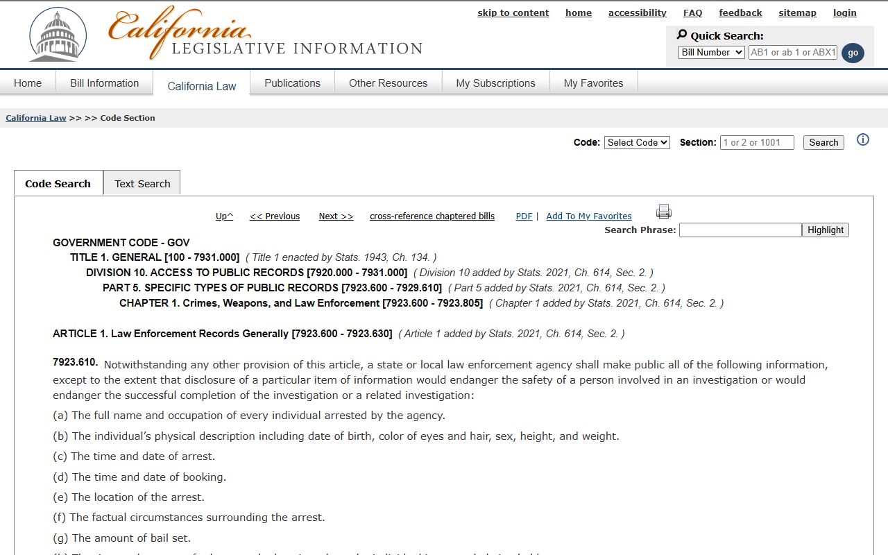 California Government Code Section 7923.610 arrest disclosure requirements for booking records
