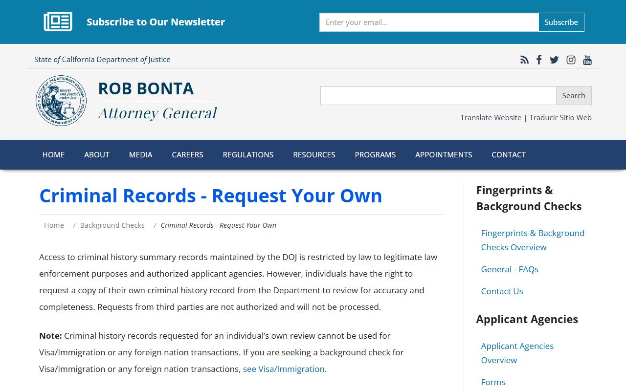California DOJ criminal record review and request page