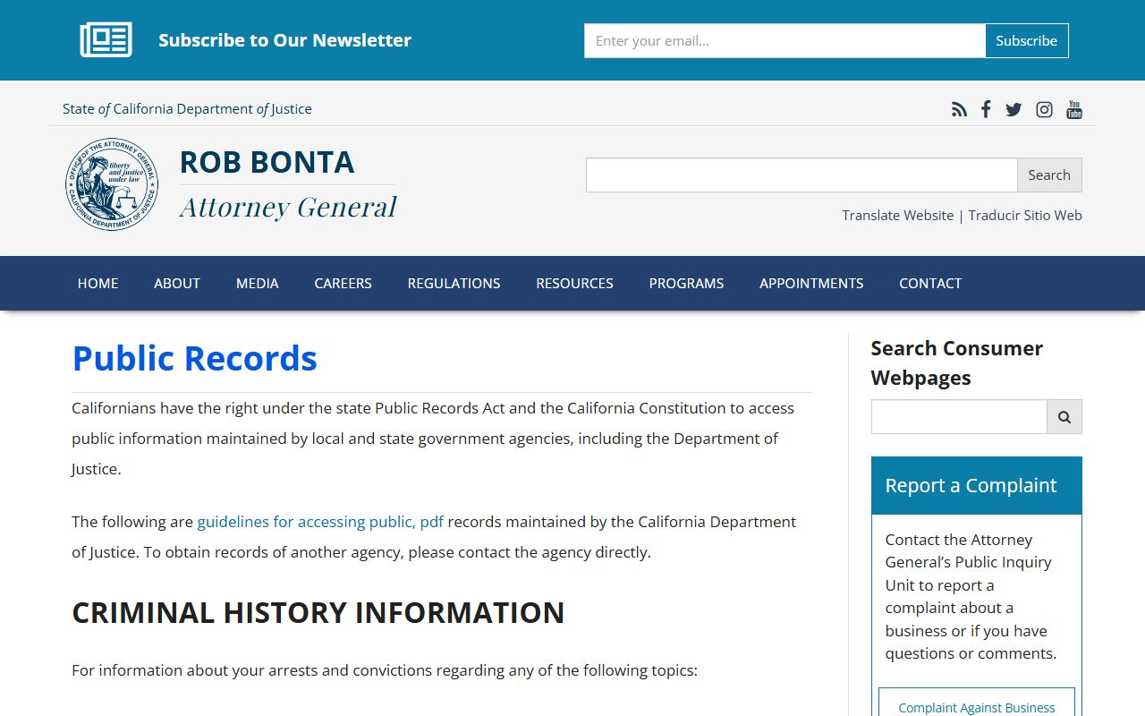 California DOJ public records information page for 24 hour booking access