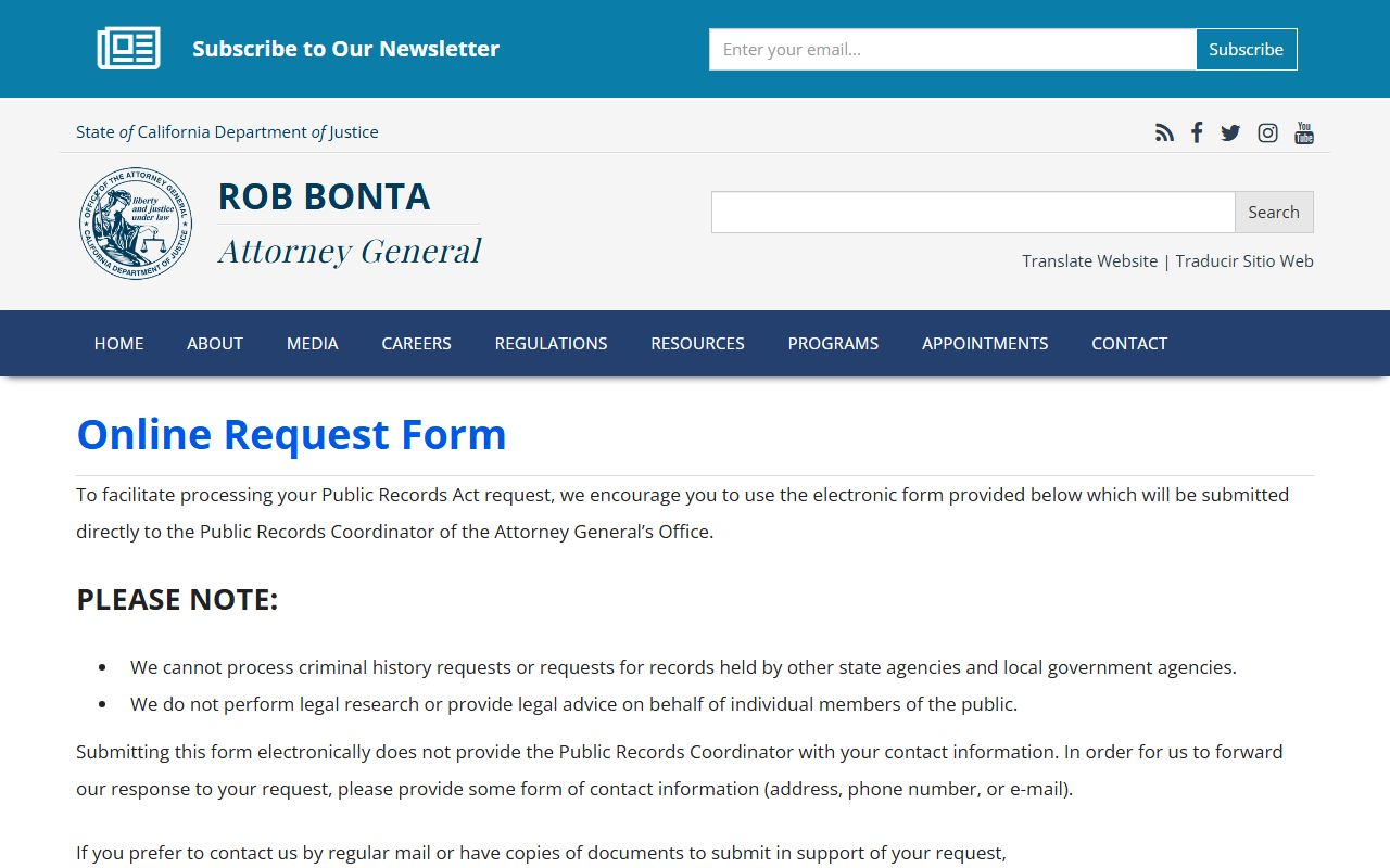 California DOJ public records request form for booking record inquiries